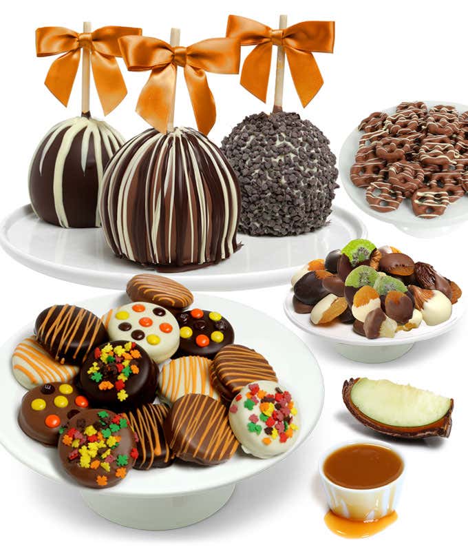 A luxurious gift box featuring 3 Belgian chocolate-covered apples, 12 Belgian chocolate-covered OREO® cookies with fall toppings, 12 oz. of almond dark chocolate bark, 8 oz. of Belgian chocolate-covered fruits, and 5 oz. of Belgian chocolate-covered mini 