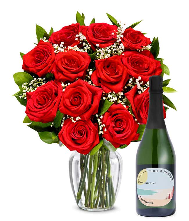 One Dozen Red Roses and Sparkling Wine
