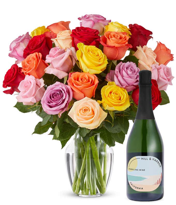 Two Dozen Rainbow Roses with Sparkling Wine