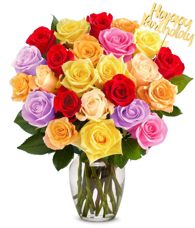 Assorted color roses with a gold pick saying Happy Birthday