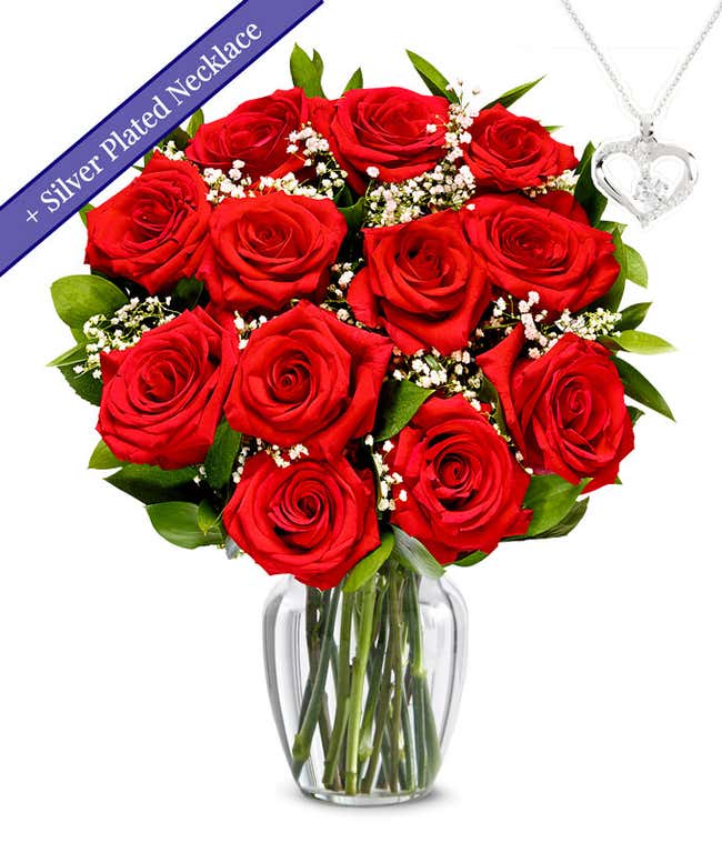 One Dozen Red Roses with Sterling Silver Heart Necklace