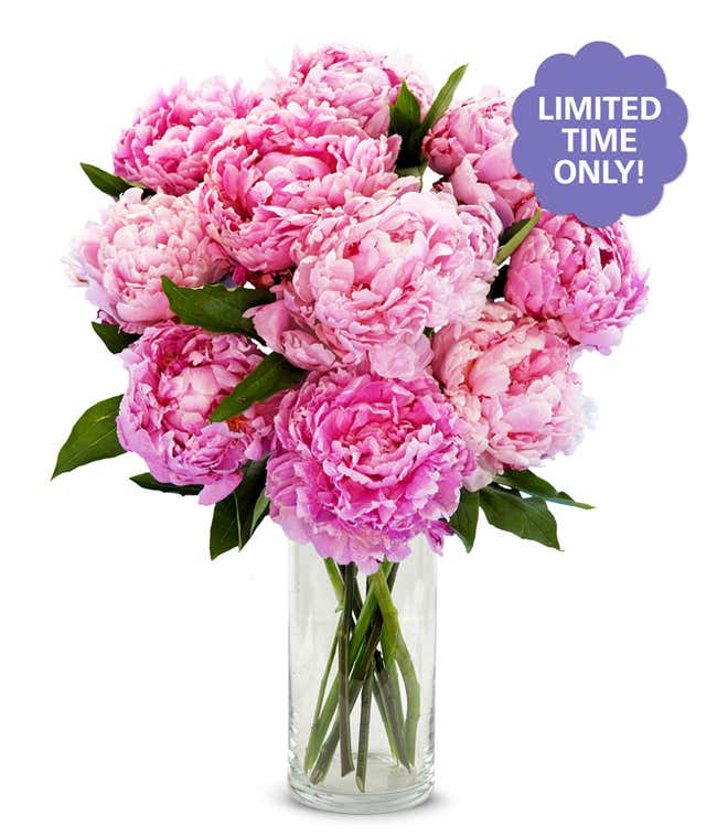 A stunning arrangement of 10 assorted pink peonies, optionally presented in a glass vase. These lush and fragrant peonies create a beautiful and elegant display, perfect for adding a touch of romance to any setting.