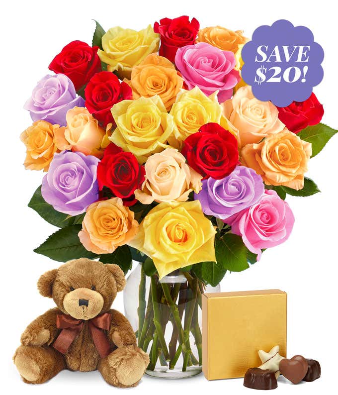 Two Dozen Rainbow Roses with Bear & Chocolates