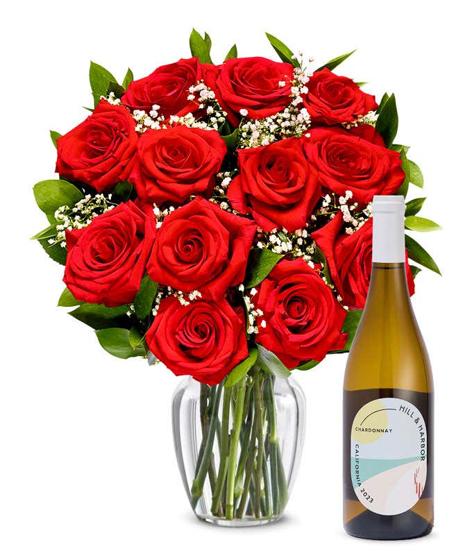 One Dozen Red Roses with White Wine