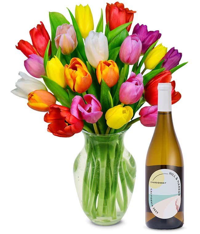 Premium Rainbow Tulip Bouquet with White Wine