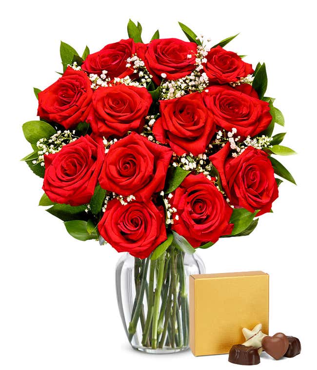 One dozen valentine's red roses with chocolates