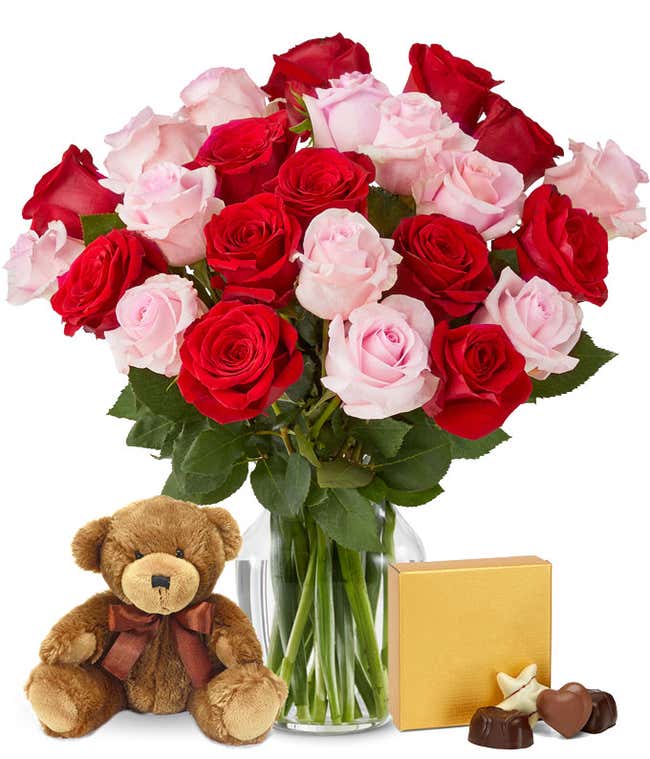 Unique Valentine's gift with two dozen pink &amp; red roses delivered  with teddy bear and chocolates