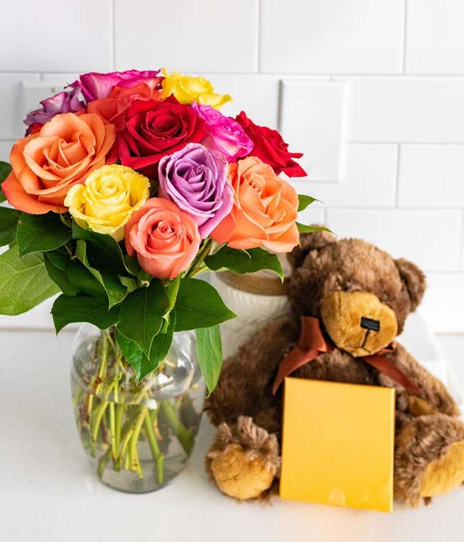 One Dozen Rainbow Roses with Chocolates &amp; Teddy Bear