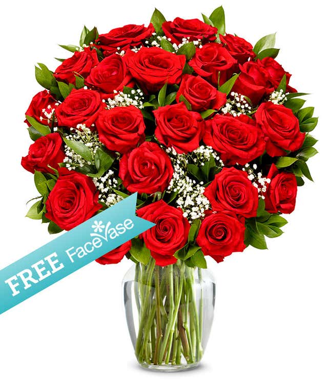 Two Dozen Premium Red Roses with Free Facevase