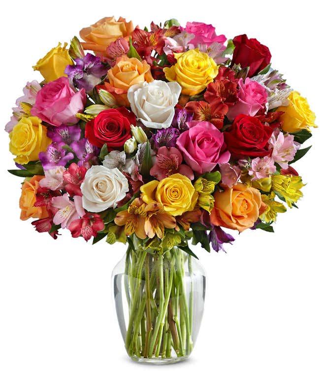 A bouquet featuring mixed roses and alstroemerias, with an optional vase.