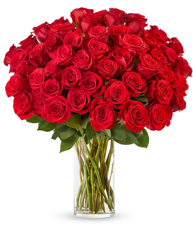 Stunning bouquet of numerous red roses, tightly arranged in a clear glass vase, creating a rich and luxurious floral display.