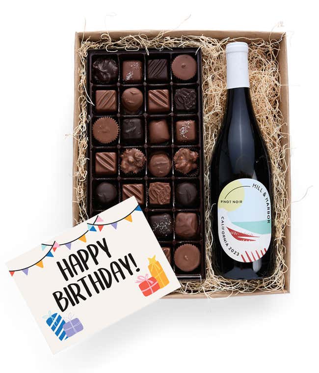 A birthday gift box containing a bottle of Hill &amp; Harbor Pinot Noir, a 1 lb box of 28 assorted gourmet chocolates in a grid, and a birthday message card.   A refined combination perfect for birthday celebrations.