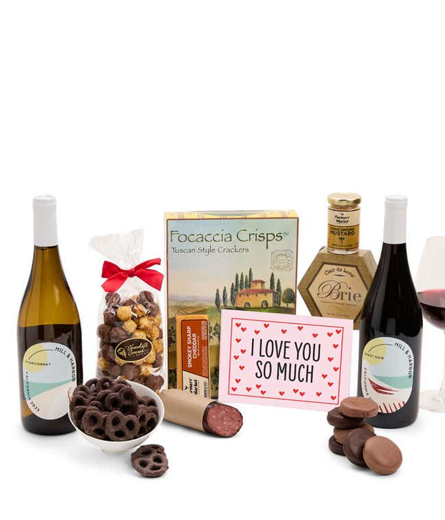 A gift featuring Hill &amp; Harbor Pinot Noir, smoky sharp cheddar, Brie cheese spread, focaccia crisps, summer sausage, stone-ground mustard, chocolate-covered pretzels, chocolate-dipped cookies, caramel popcorn, and a romantic 'I Love You So Much' message.