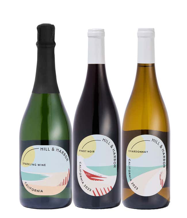 A three pack of Hill &amp; Harbor California wine containing a bottle of Pinot Noir, a bottle of Chardonnay and a bottle of Sparkling Wine.