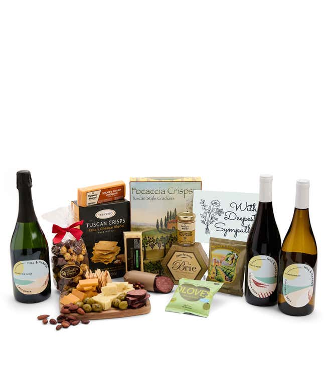A wine and cheese gift set featuring 3 bottles of Hill &amp; Harbor wine - red, white and sparkling. Includes a variety of gourmet cheeses, crackers, olives, almonds, sausage, and condiments finished with a Sympathy Card.