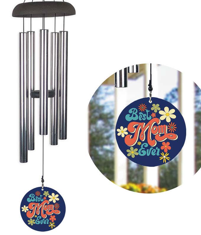 Wind Chime with 'Best Mom Ever' retro sail, presented in a gift box, and option for personalized message.