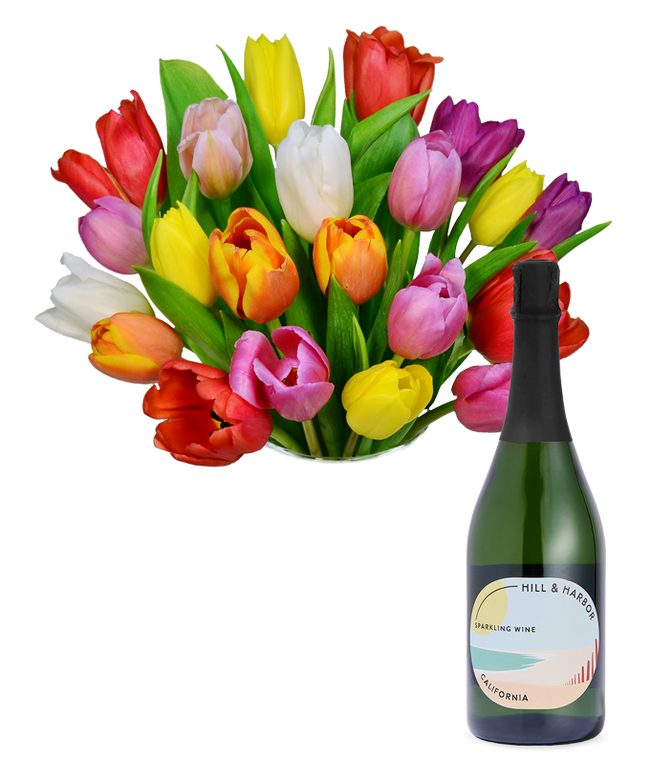 Partial image of Premium Rainbow Tulip Bouquet with Sparkling Wine without vase.