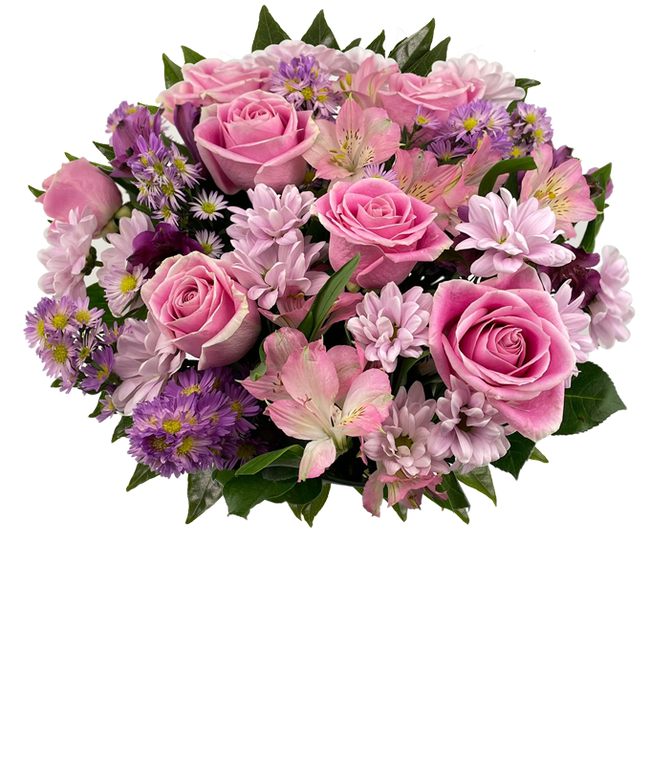 Partial image of A bouquet featuring pink roses, purple daisies, pink alstroemeria, purple alstroemeria, and purple Monte Casino, with an optional vase. without vase.