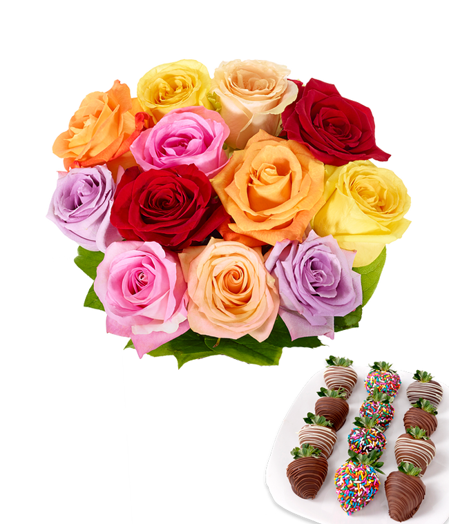 Partial image of One dozen rainbow roses with one dozen chocolate covered strawberries decorated with rainbow sprinkles without vase.