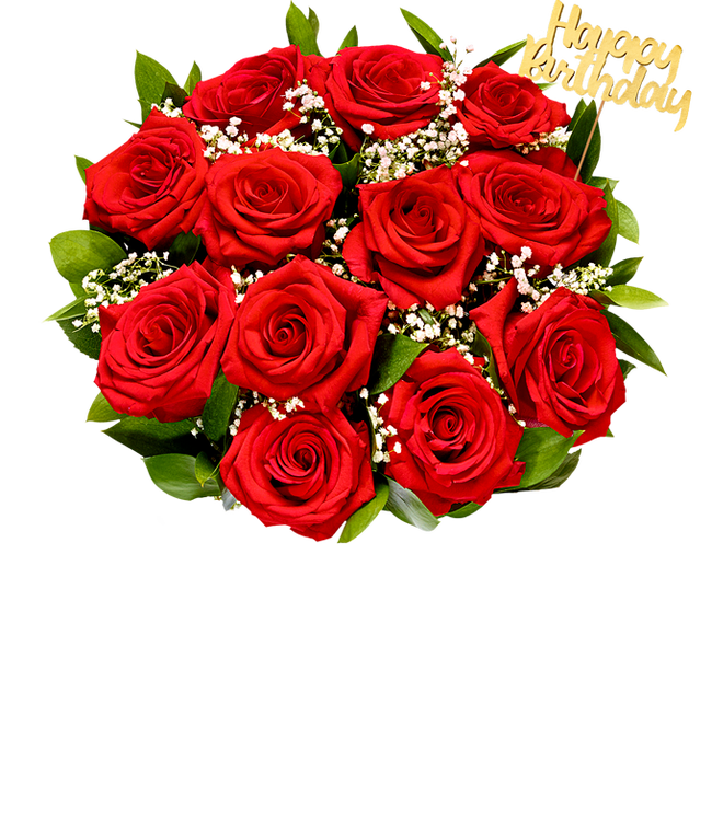 Partial image of Red roses with baby's breath arranged with a gold Happy Birthday pick without vase.