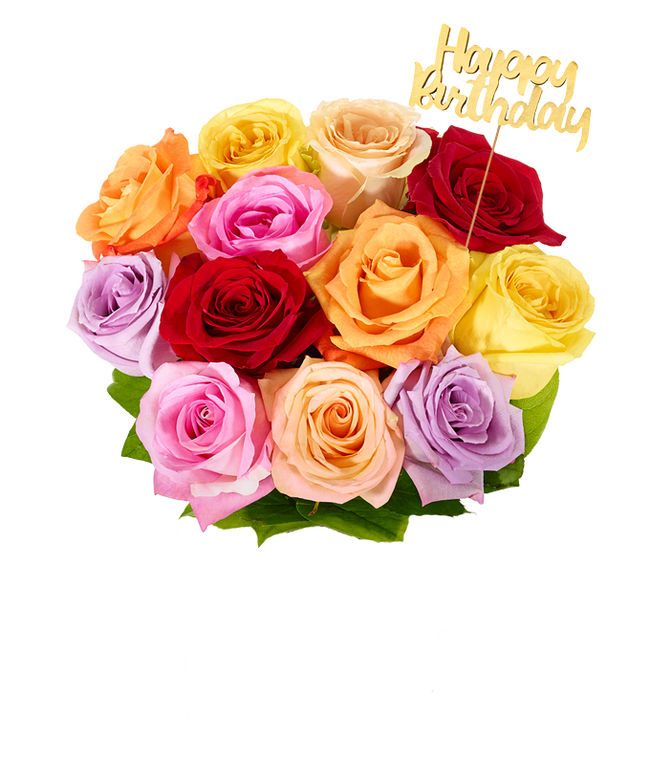 Partial image of Assorted color roses with a gold pick saying Happy Birthday without vase.