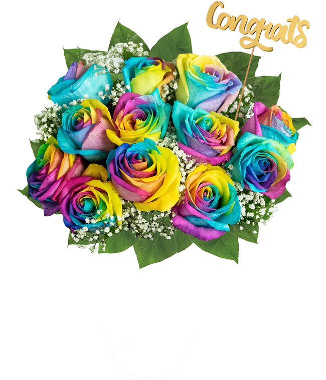 Partial image of Congrats! One Dozen Tie Dye Roses without vase.