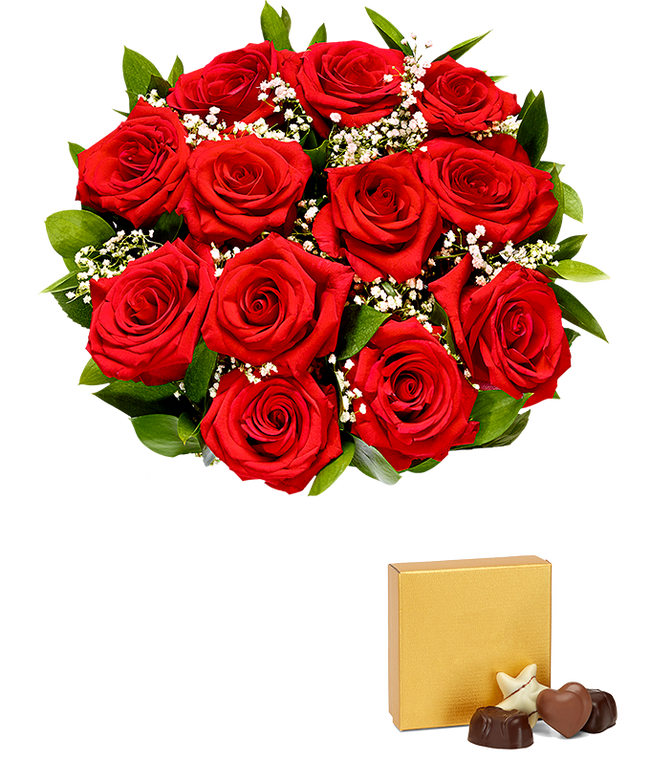 Partial image of One dozen valentine's red roses with chocolates without vase.