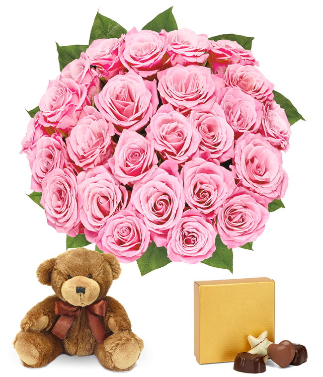 Partial image of Two dozen pink roses delivered for Valentine with bear and chocolates without vase.