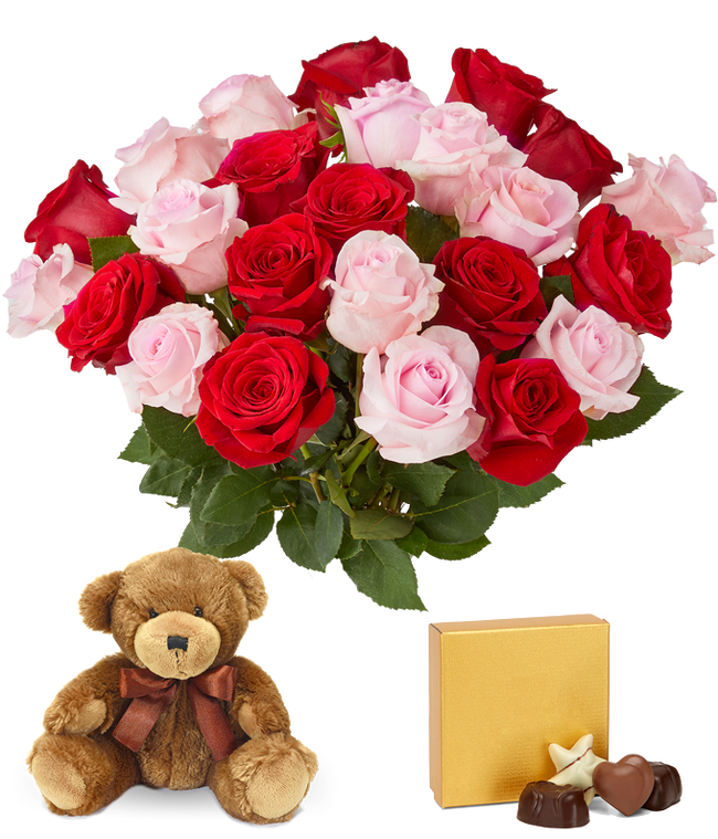 Partial image of Unique Valentine's gift with two dozen pink &amp; red roses delivered  with teddy bear and chocolates without vase.