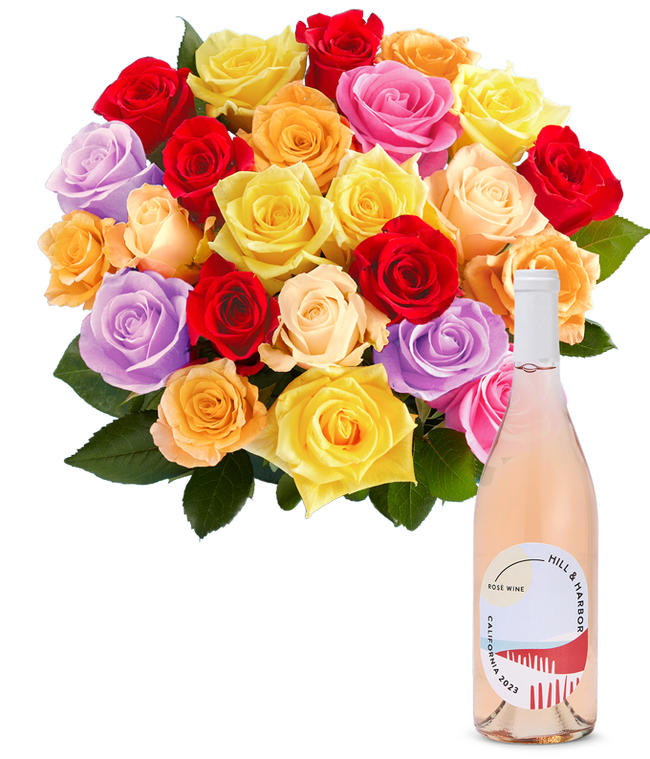 Partial image of An exquisite bouquet of roses in a kaleidoscope of colors&mdash;vivid reds, soft pinks, warm oranges, sunny yellows, and gentle purples&mdash;arranged in a clear glass vase, accompanied by a sleek bottle of rose wine from California, 2023, embodying grace and festivi without vase.