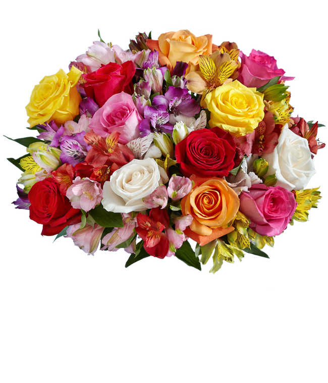 Partial image of A bouquet of 12 mixed roses and alstroemerias, with an optional vase. without vase.